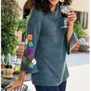 Soft Surroundings Carolina Embroidered Sweater 3/4 bell sleeve size S